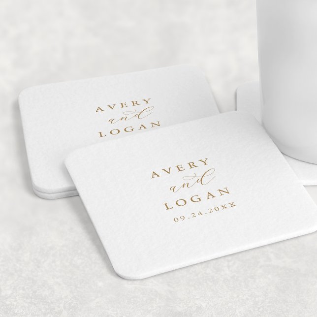 Elegant Gold Script Wedding Square Paper Coaster (Creator Uploaded)