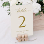 Elegant Gold Script Wedding Table Numbers<br><div class="desc">Enhance the romance of your wedding reception with our Romantic Gold and Ivory Wedding Table Numbers. These exquisite 5x7 cards feature a delicate calligraphy script that exudes elegance, making them the perfect addition to your table settings. The minimalist design of these table numbers blends seamlessly with any decor, adding a...</div>