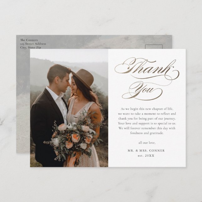 Elegant Gold Script Wedding Thank You Postcard (Front/Back)