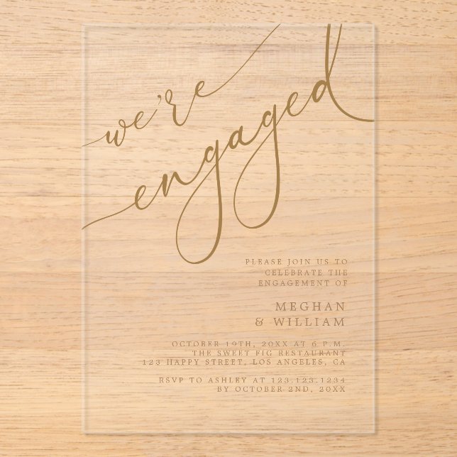 Elegant Gold Script We're Engaged Engagement Party Acrylic Invitations (Front)