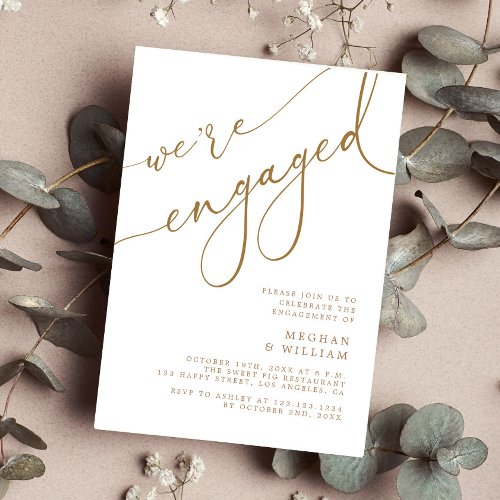 Elegant Gold Script Were Engaged Engagement Party Invitation