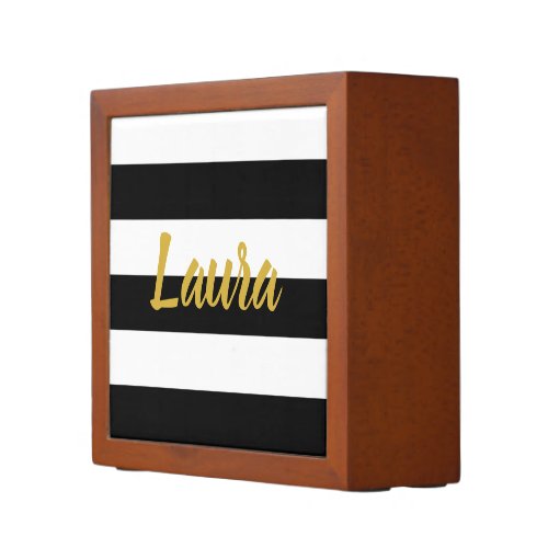 Elegant Gold Script with Black and White Stripes Desk Organizer