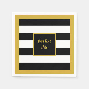 Elegant Gold Script with Black and White Stripes Napkins