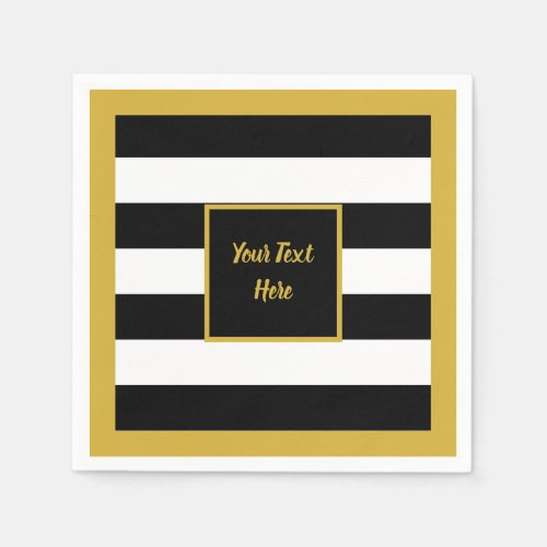 Elegant Gold Script with Black and White Stripes Napkins