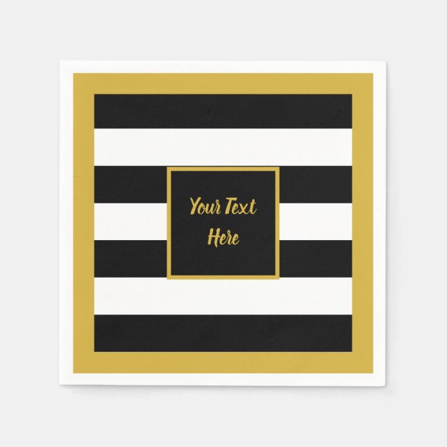 Elegant Gold Script with Black and White Stripes Napkins (Front)