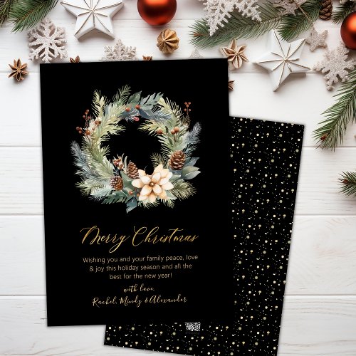 Elegant Gold Script Wreath Greenery Christmas Card