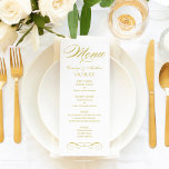 Elegant Gold Scroll Wedding Monogram Menu<br><div class="desc">Elegant and formal wedding dinner menu cards feature a stylish script and scroll details with a vintage inspired design. White with gold digitally printed color. Choose a shimmer cardstock to add a shimmery metallic affect to the lettering. Personalize the custom monogram with the bride and groom names, event date, and...</div>