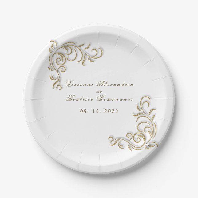 Elegant gold scroll wedding reception party paper plates (Front)