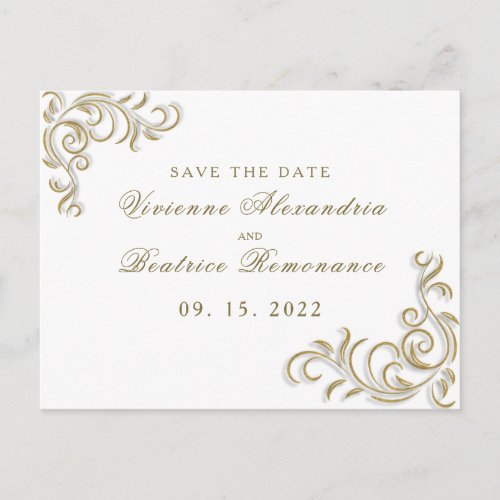 Elegant gold scroll wedding Save the Date Postcard