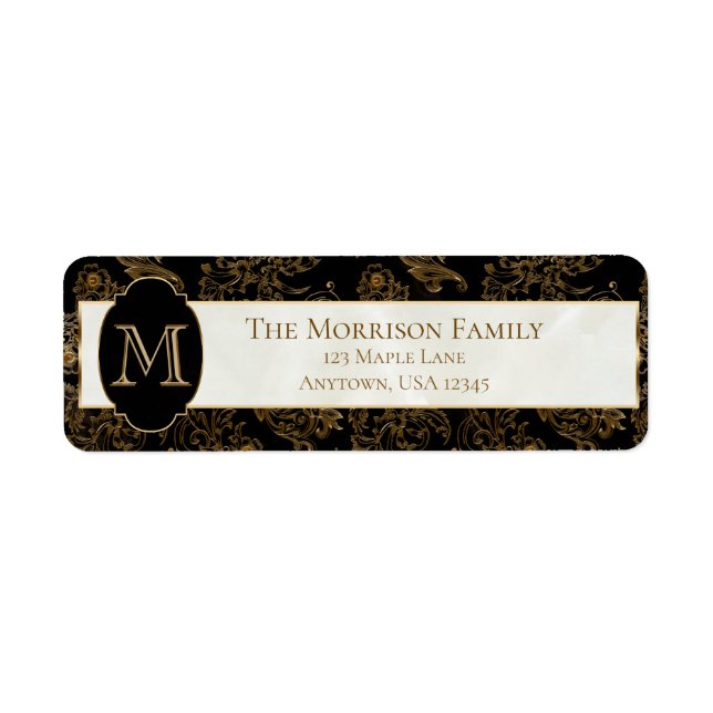 Elegant Gold Scrolls Faux Black Marble Monogram Label (Front)