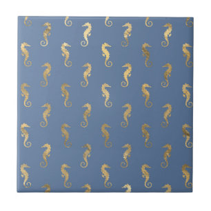 Elegant Gold Seahorse Seamless Pattern Navy Blue Ceramic Tile