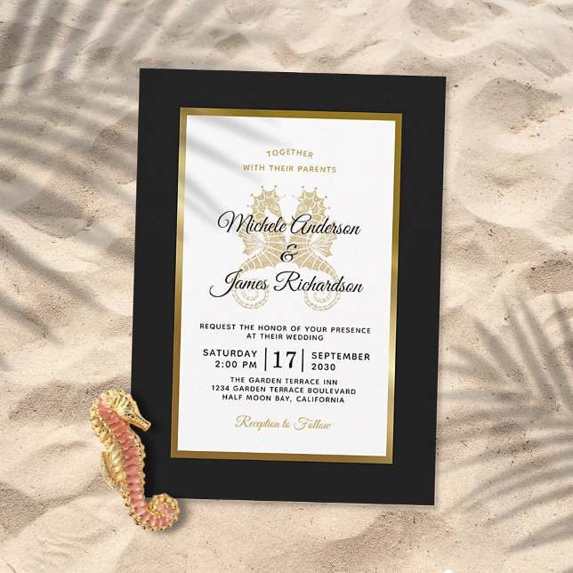 Elegant Gold Seahorses Modern Tropical Wedding Invitation (Creator Uploaded)
