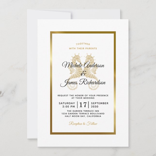 Elegant Gold Seahorses Tropical Wedding Invitation (Front)