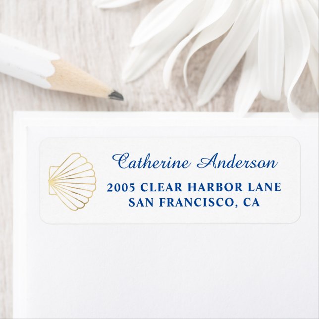 Elegant Gold Seashell Beach Wedding Return Address Label (Insitu)