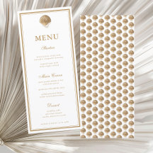 Elegant Gold Seashell Coastal Wedding Menu Card