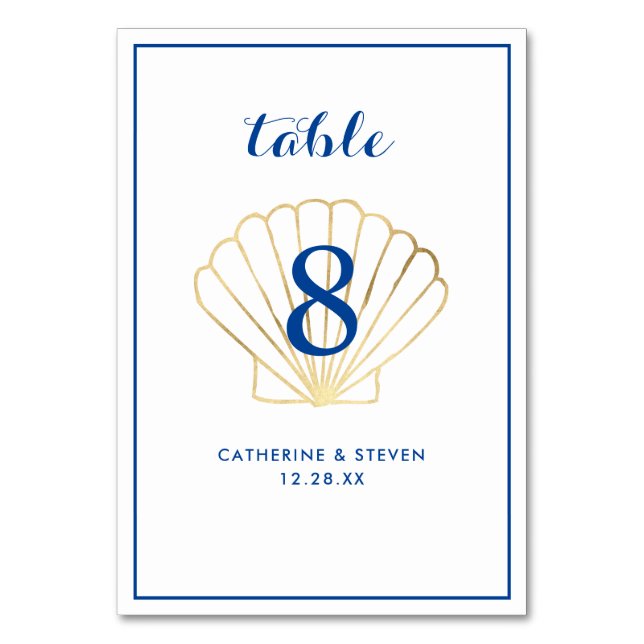 Elegant Gold Seashell Coastal Wedding Table Number (Front)