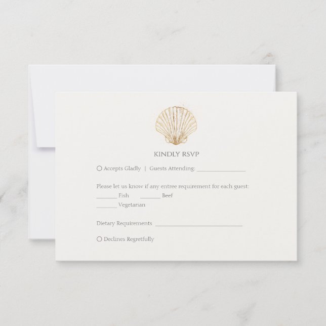 Elegant Gold Seashell Creamy Wedding RSVP (Front)