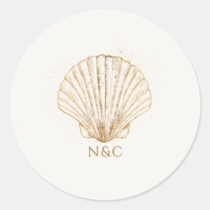 Elegant Gold Seashell Names Initials Wedding Classic Round Sticker
