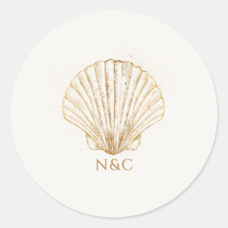 Elegant Gold Seashell Names Initials Wedding Classic Round Sticker