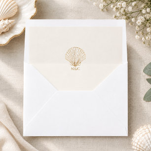 Elegant Gold Seashell Names Initials Wedding Envelope Liner