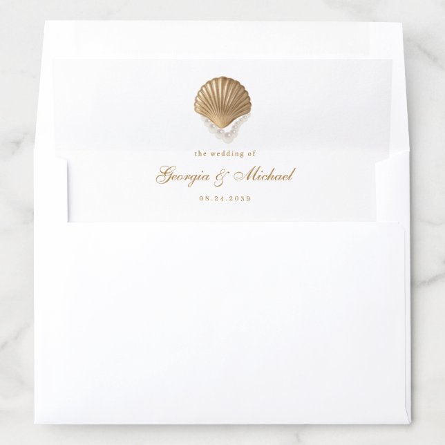 Elegant Gold Seashell & Pearls Coastal Wedding Envelope Liner (In Envelope)