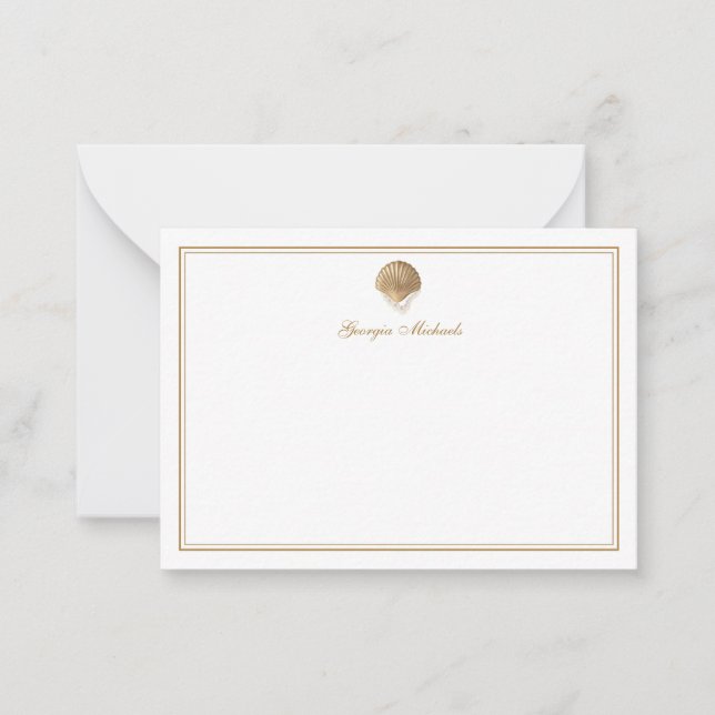Elegant Gold Seashell & Pearls Custom Name Coastal Note Card (Front)