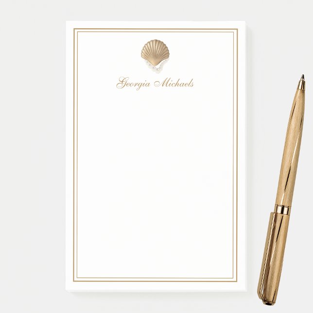 Elegant Gold Seashell & Pearls Custom Name Coastal Post-it Notes (Creator Uploaded)