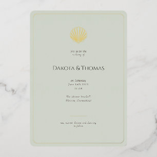 Elegant Gold Seashell Sage Wedding invitation Foil Invitation