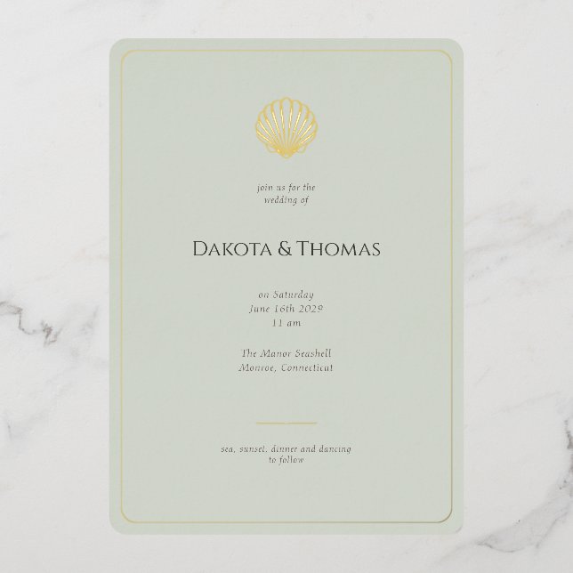 Elegant Gold Seashell Sage Wedding invitation Foil Invitation (Front)
