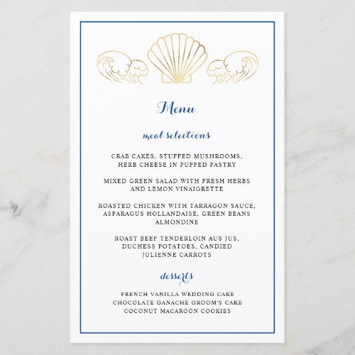 Elegant Gold Seashell Waves Wedding Reception Menu