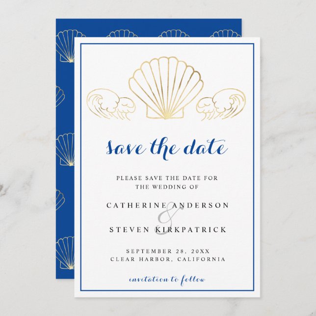 Elegant Gold Seashell Waves Wedding Save The Date Invitation (Front/Back)