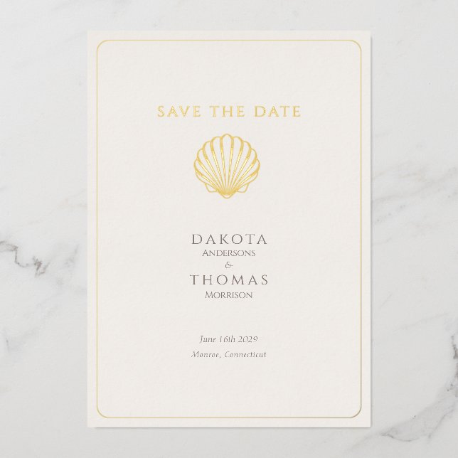 Elegant Gold Seashell  Wedding Save the Date Foil Holiday Card (Front)