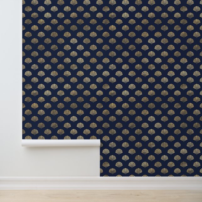 Elegant Gold Seashells Navy Blue Ocean Pattern Wallpaper (Application)