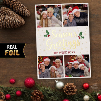 Elegant Gold Season's Greetings Photo Collage Foil Holiday Card
