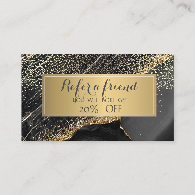 Elegant Gold Sequins,Frame Black Marble  Referral Card (Front)