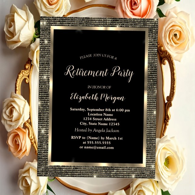 Elegant Gold Sequins Frame Black Retirement Invitation (Creator Uploaded)