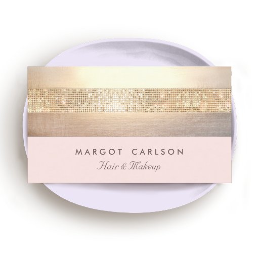 Customizable Elegant Glam Gold Sequins Gold Light Pink Striped Business Card Template