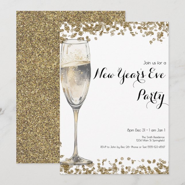 Elegant Gold Sequins New Years Eve Champagne Invitation (Front/Back)