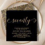 Elegant Gold Seventy Script Black 70th Birthday Invitation<br><div class="desc">Elegant Chic Black and Gold Seventy Script 70th Birthday Invitation. This modern birthday party invitation template features stylish „seventy” text in huge faux gold foil swirly handwritten calligraphy (or typography) script with swash tails, party details in gold color on black background. At the reverse side faux gold foil swirling wave...</div>
