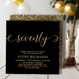 Elegant Gold Seventy Script Black 70th Birthday Invitation | Zazzle