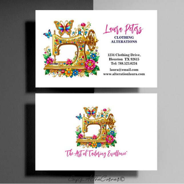Elegant Gold Sewing Machine With Flowers Butterfly Business Card (Creator Uploaded)