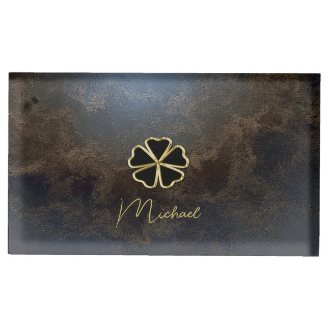 Elegant Gold Shamrock,Clover Leather Look Place Card Holder (Front)