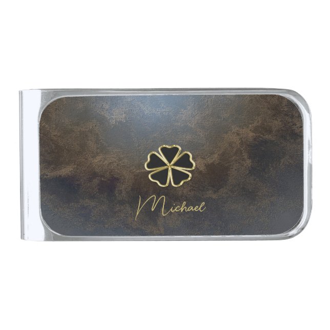 Elegant Gold Shamrock,Clover Leather Look Silver Finish Money Clip (Front)