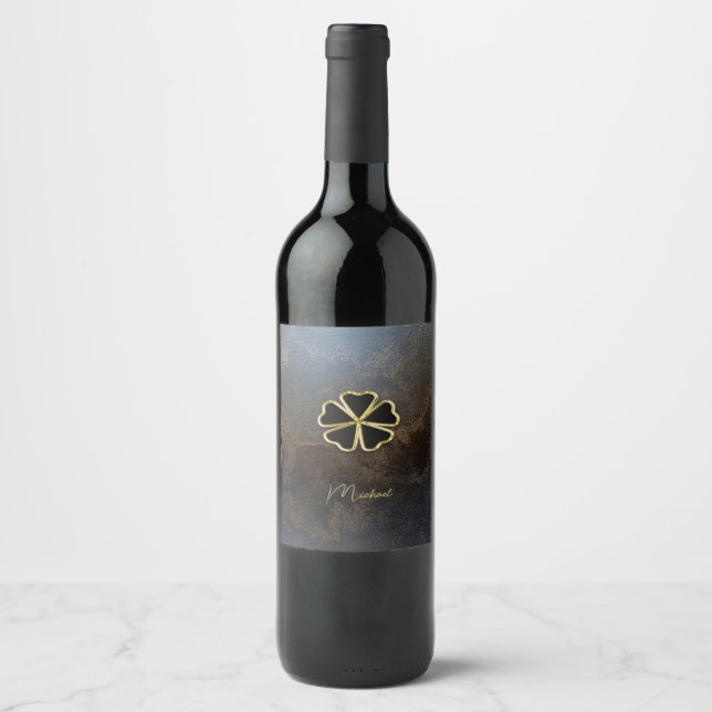 Elegant Gold Shamrock,Clover Leather Look Wine Label (Front)