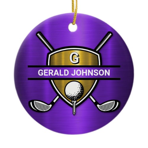 Elegant Gold Shield Golf Monogram Design Ceramic Ornament