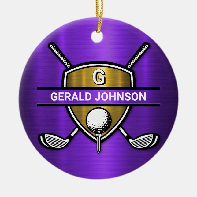Elegant Gold Shield Golf Monogram Design Ceramic Ornament (Front)