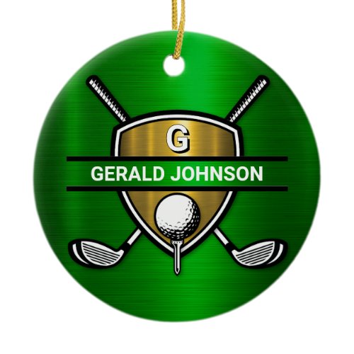 Elegant Gold Shield Golf Monogram Design Ceramic Ornament