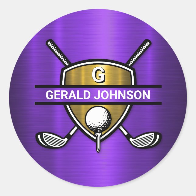 Elegant Gold Shield Golf Monogram Design Classic Round Sticker (Front)