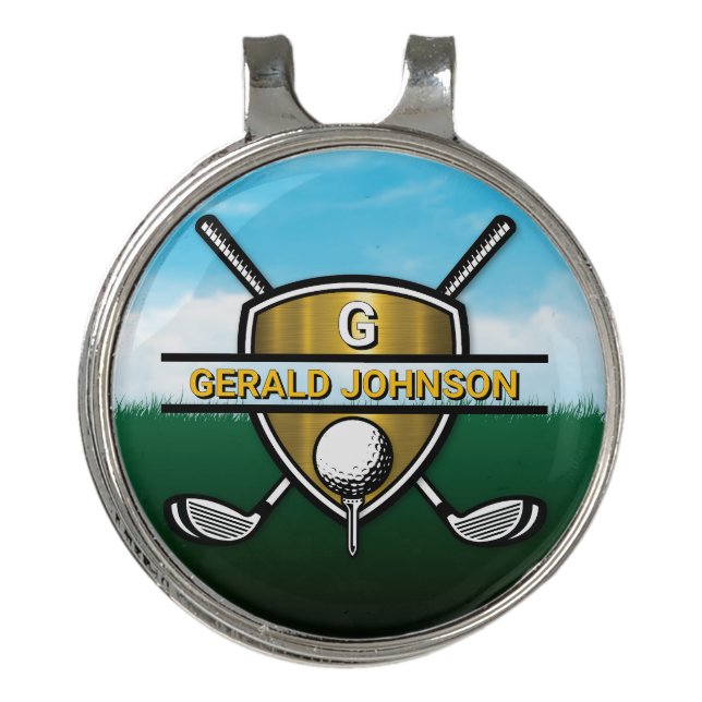 Elegant Gold Shield Golf Monogram Design Golf Hat Clip (Front)