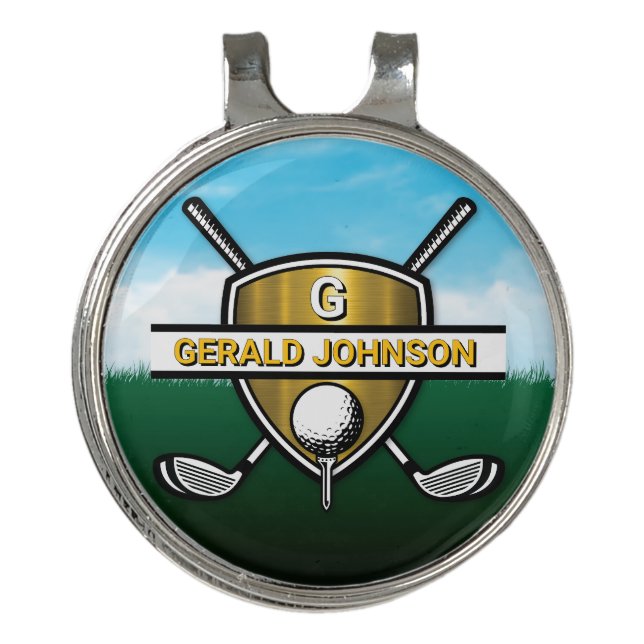 Elegant Gold Shield Golf Monogram Design Hat Clip (Front)